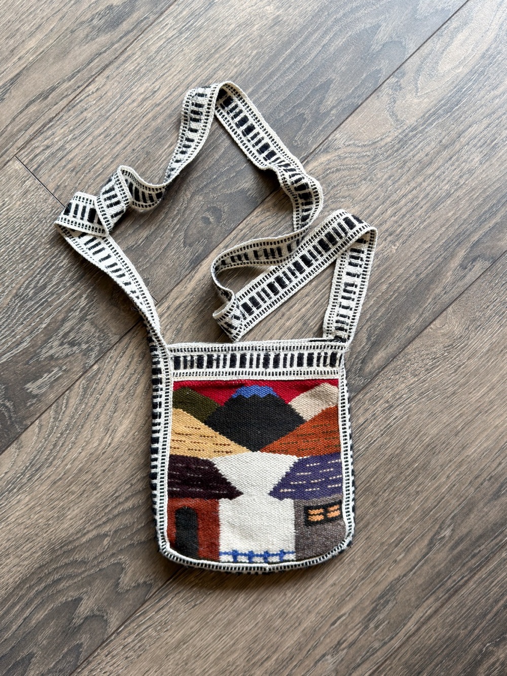 Woven Tapestry Shoulder Bag Small Crossbody Mountain Village Folk Art 8x8